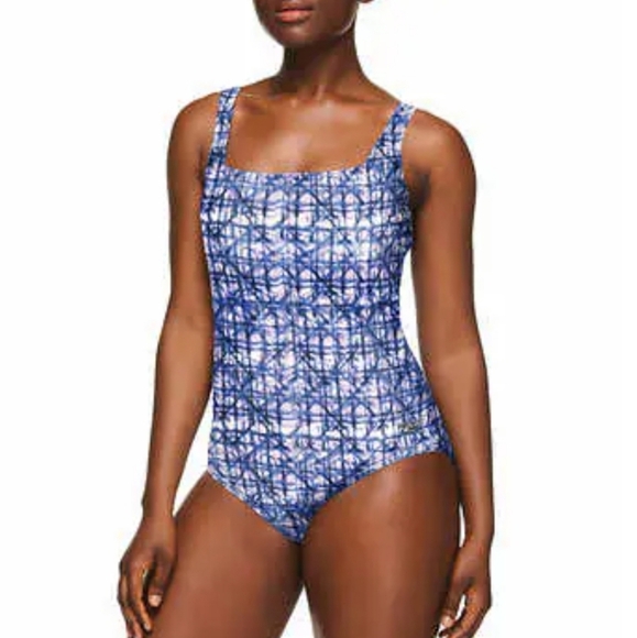 Speedo Other - Speedo Swimsuit Ladies sz 10 Blue and White Geometric UPF 50+ Chlorine Resistant